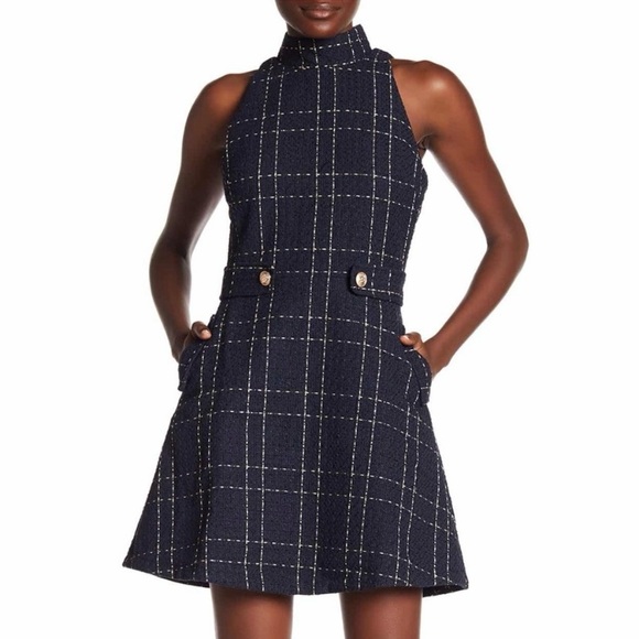 Alexia Admor Dresses & Skirts - NWT Alexia Admor Avery Plaid Tweed Fit & Flare Dress Navy White Gold size Large